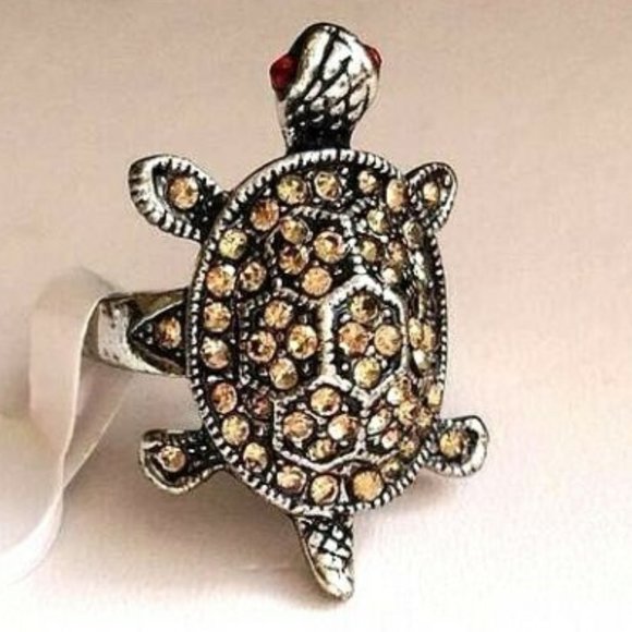 Silver Sea Life Turtle Cocktail Ring Size 6 Champagne Peach Crystals Plated Cute - Picture 3 of 8